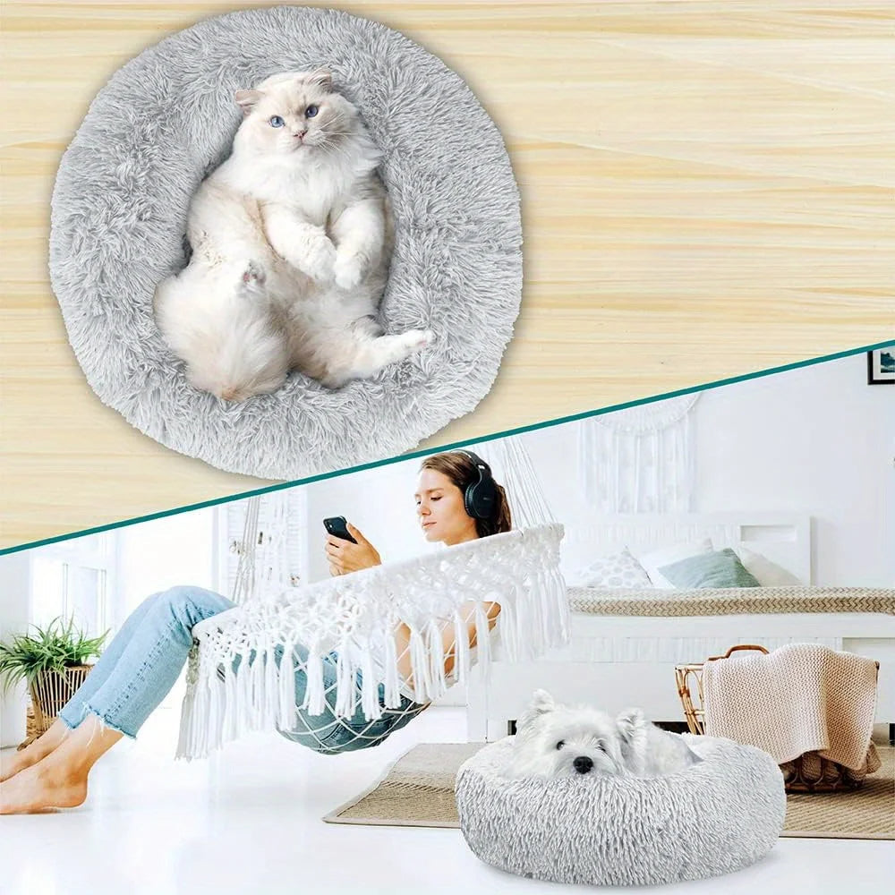 Large-60cm cream PawfectFriend Dog Pet Cat Bed Plush Beds Large Donut Comfy Cushion Puppy Mat