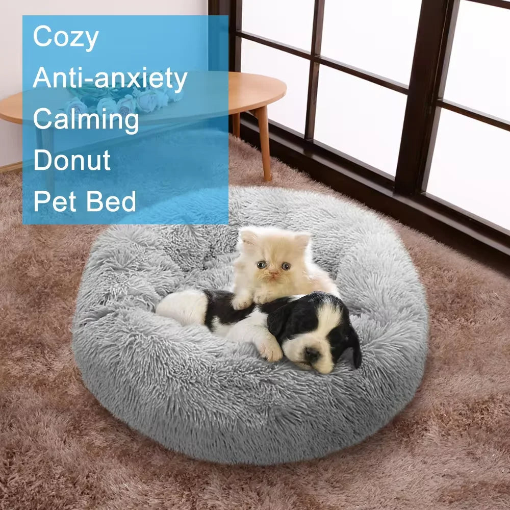 Large-60cm cream PawfectFriend Dog Pet Cat Bed Plush Beds Large Donut Comfy Cushion Puppy Mat