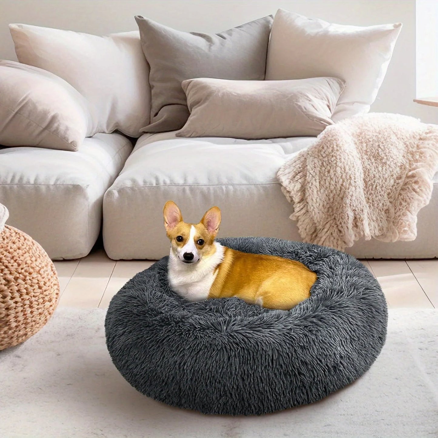 Large-60cm cream PawfectFriend Dog Pet Cat Bed Plush Beds Large Donut Comfy Cushion Puppy Mat