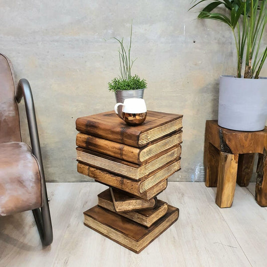 Side Table Book Stack Design w Storage Compartment Natural Burned