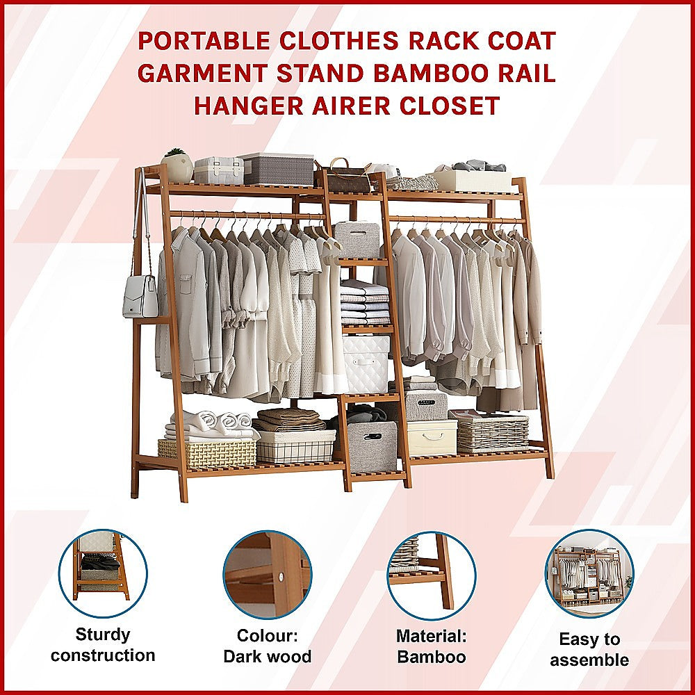 Portable Clothes Rack Coat Garment Stand Bamboo Rail Hanger Airer Closet