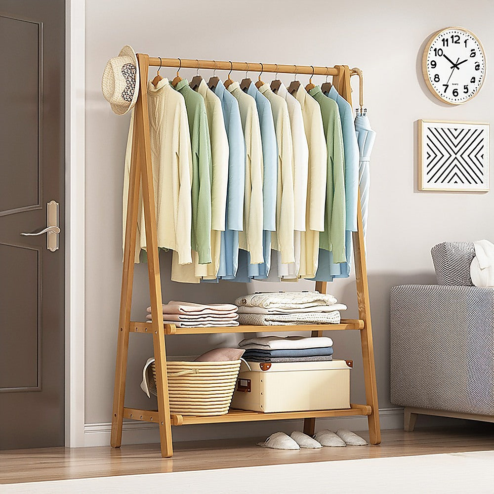 Portable Clothes Rack Coat Garment Stand Bamboo Rail Hanger Airer Closet