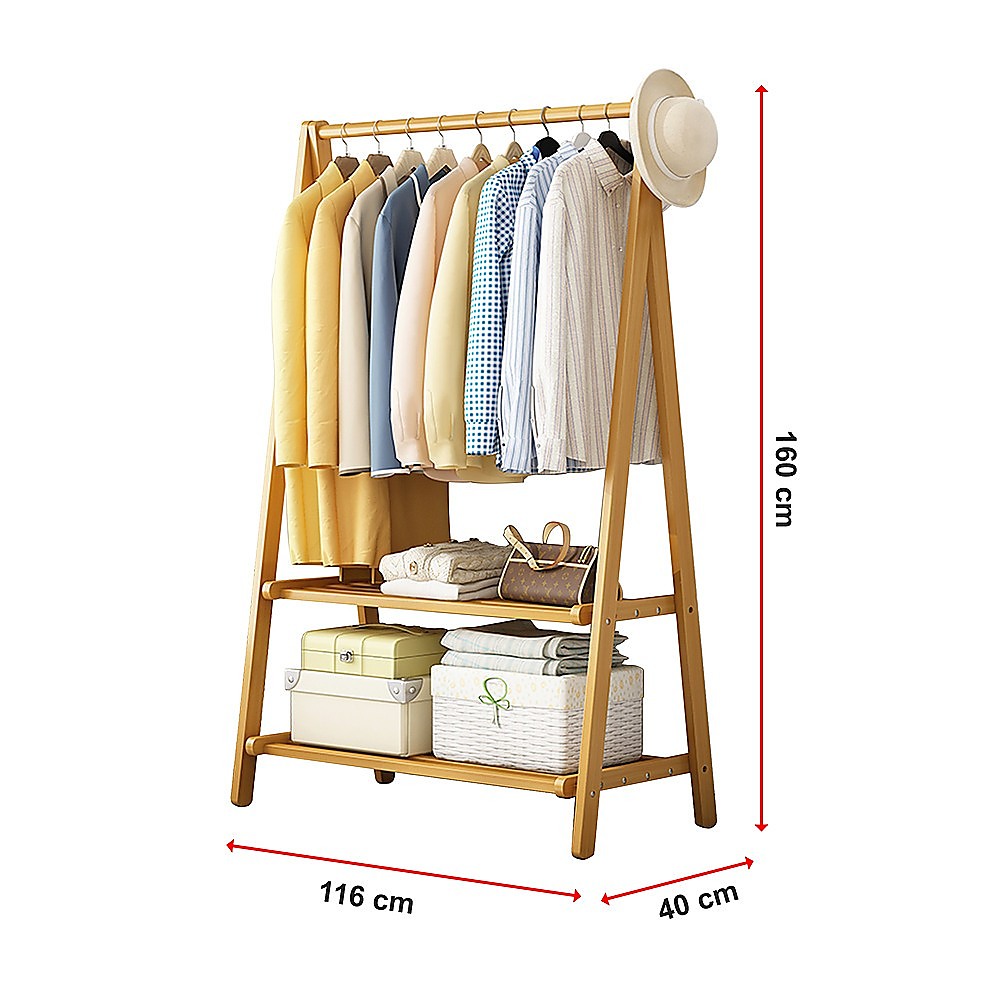 Portable Clothes Rack Coat Garment Stand Bamboo Rail Hanger Airer Closet