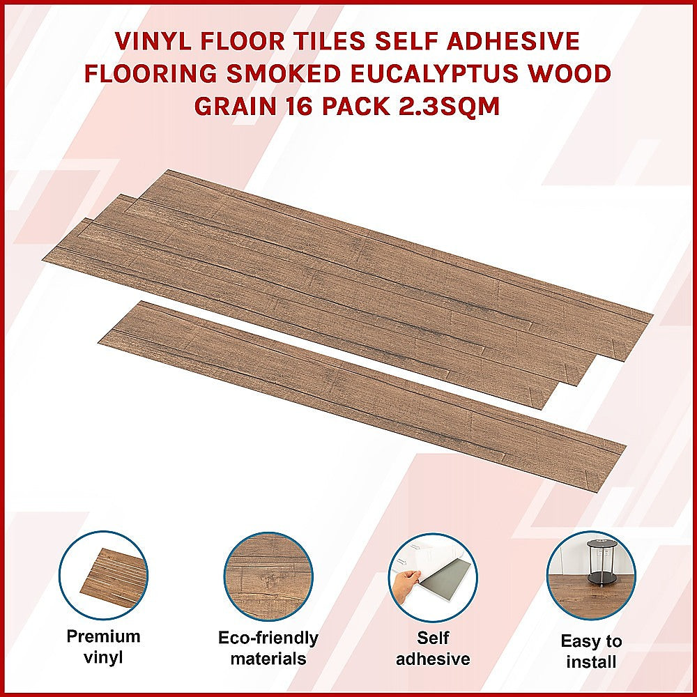 Floor Tiles Self Adhesive Flooring Smoked Eucalyptus Wood Grain 16 Pack 2.3SQM