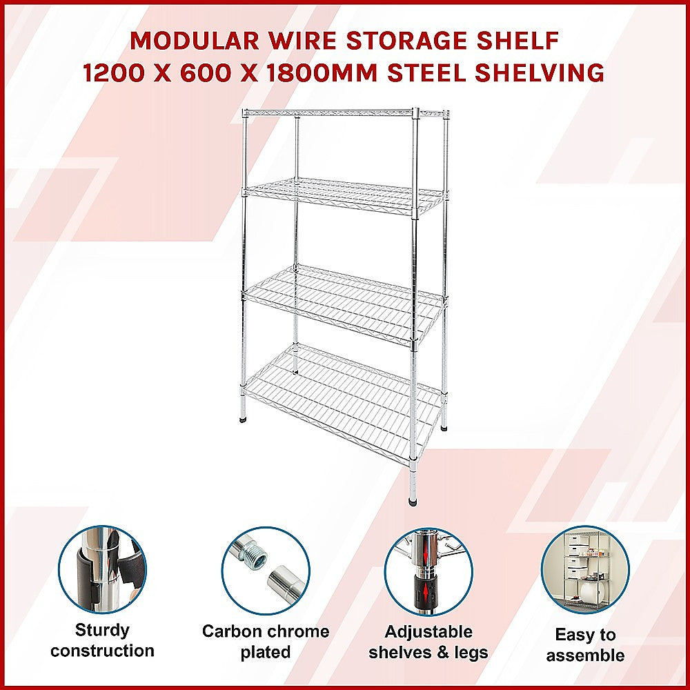 Modular Wire Storage Shelf 1200 x 600 x 1800mm Steel Shelving