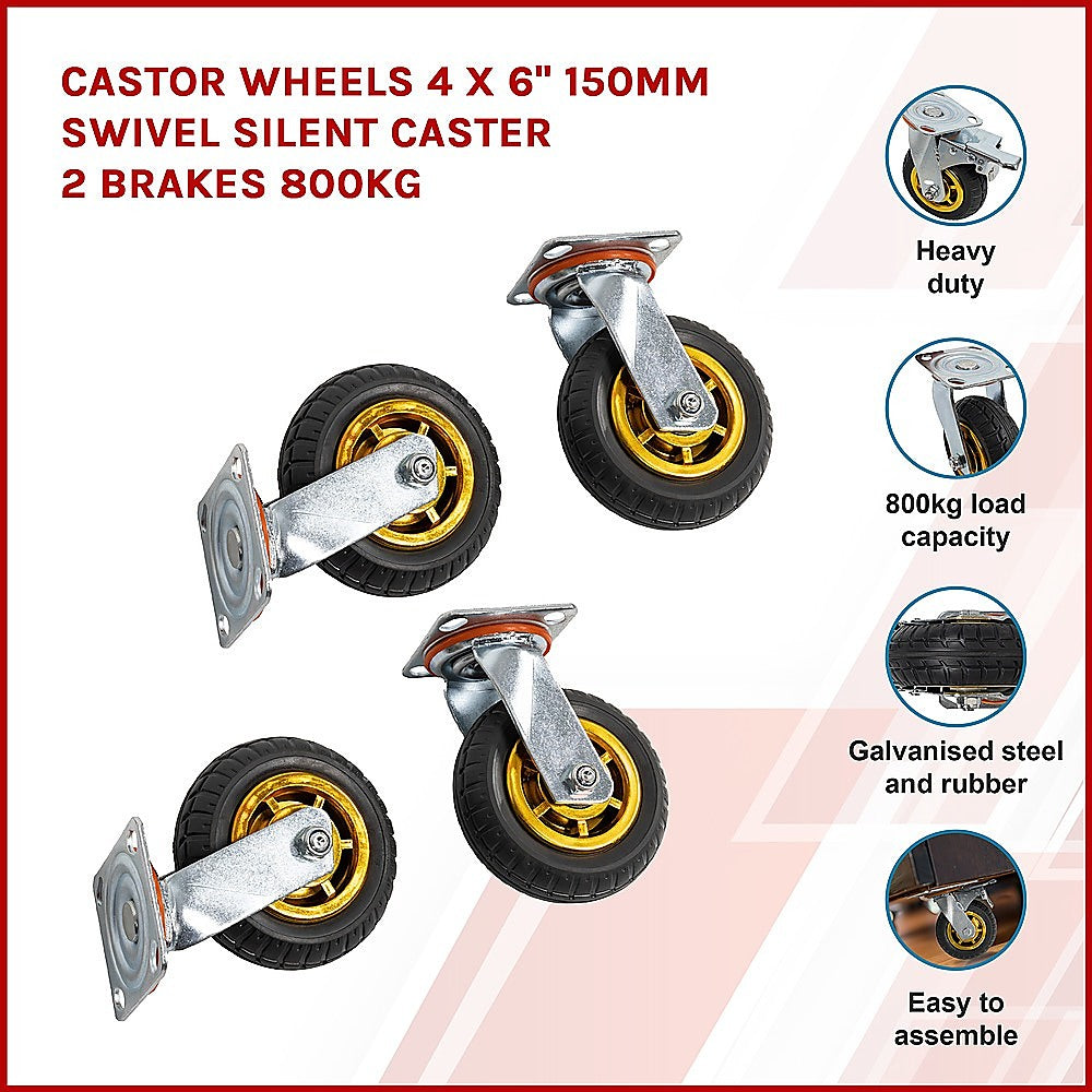 Castor Wheels 4 x 6" 150mm Swivel Silent C2 Brakes 800KG