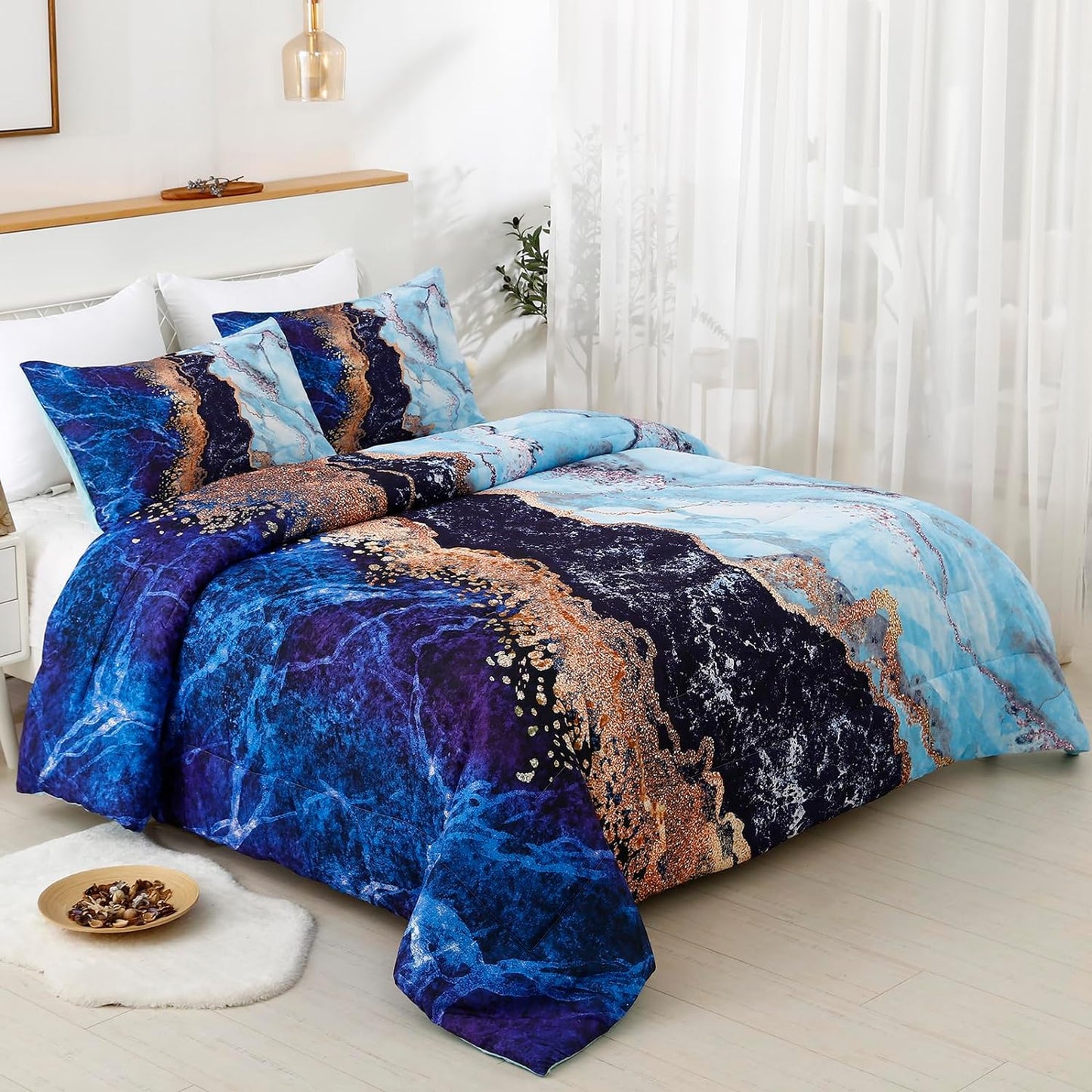 Blue Marble Comforter Set, King Size, Retro Watercolor 3-Piece Bedding Collection