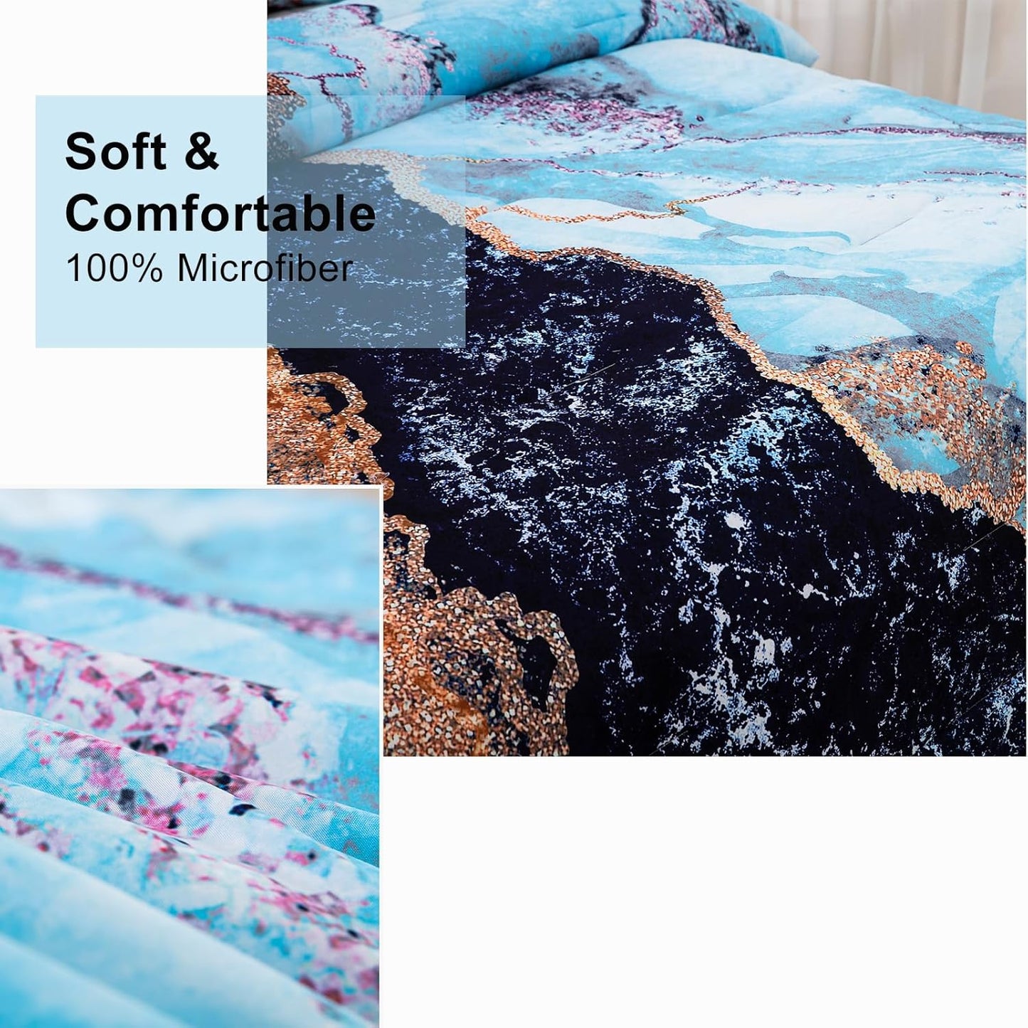 Blue Marble Comforter Set, King Size, Retro Watercolor 3-Piece Bedding Collection