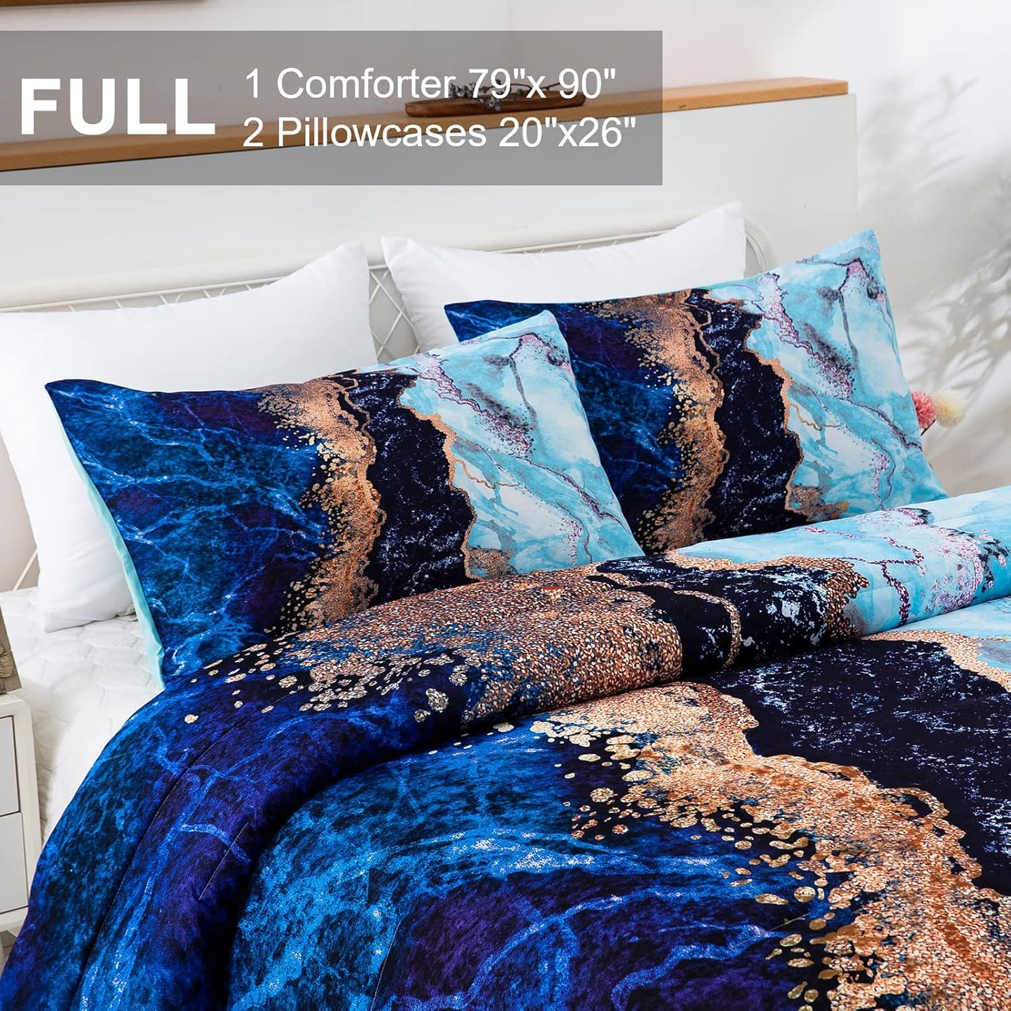 Blue Marble Comforter Set, King Size, Retro Watercolor 3-Piece Bedding Collection