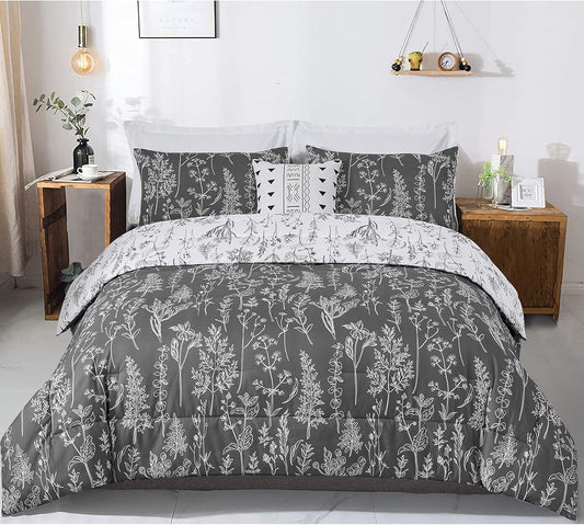 Floral Comforter Set, King Size, Black White Floral Pattern Reversible Bedding