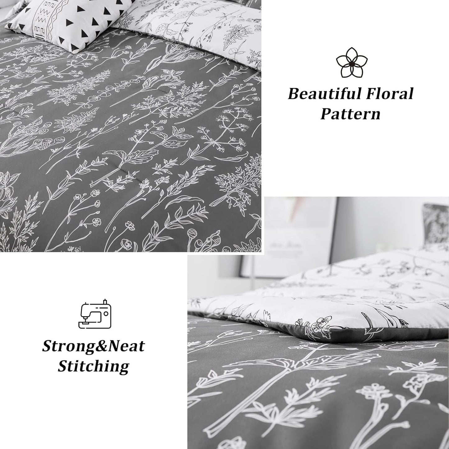 Floral Comforter Set, King Size, Black White Floral Pattern Reversible Bedding