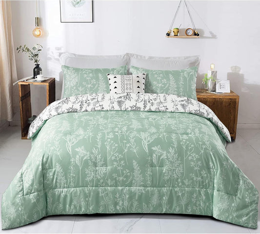 Floral Comforter Set, King Size, Green White Floral Pattern Reversible Bedding