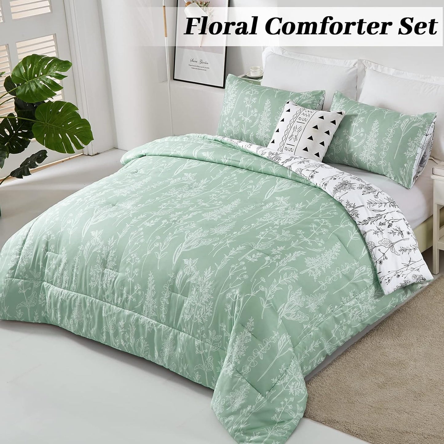 Floral Comforter Set, King Size, Green White Floral Pattern Reversible Bedding