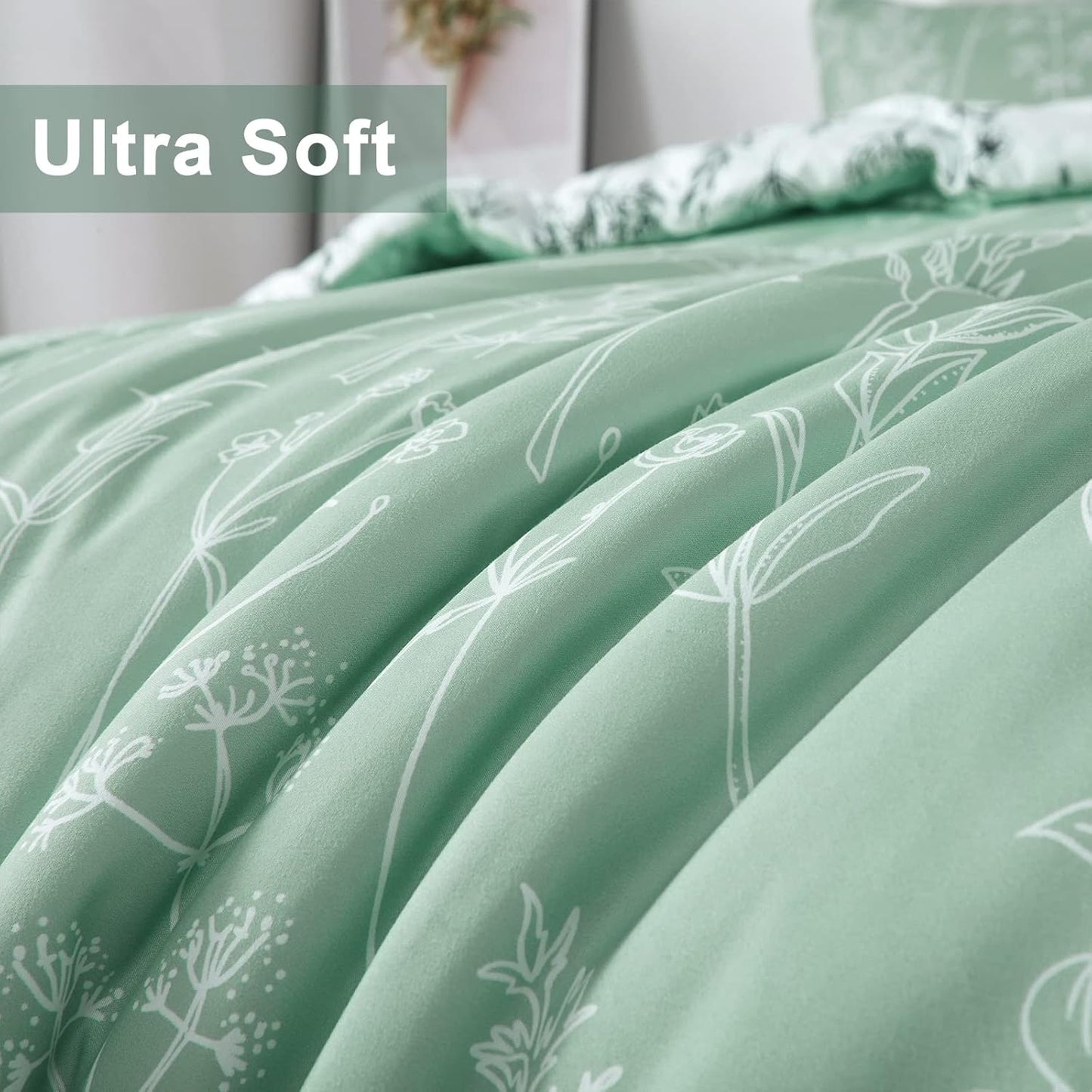 Floral Comforter Set, King Size, Green White Floral Pattern Reversible Bedding