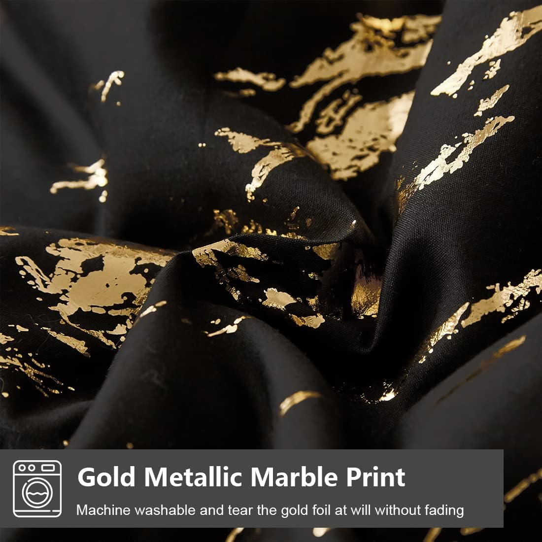 Black Gold Metallic Marble Comforter Set, Queen Size, Foil Print Glitter 3-Piece Bedding