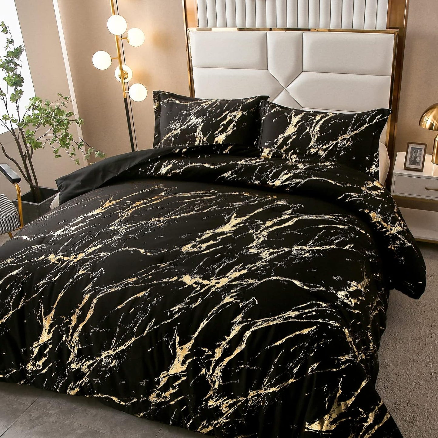 Black Gold Metallic Marble Comforter Set, King Size, Foil Print Glitter 3-Piece Bedding