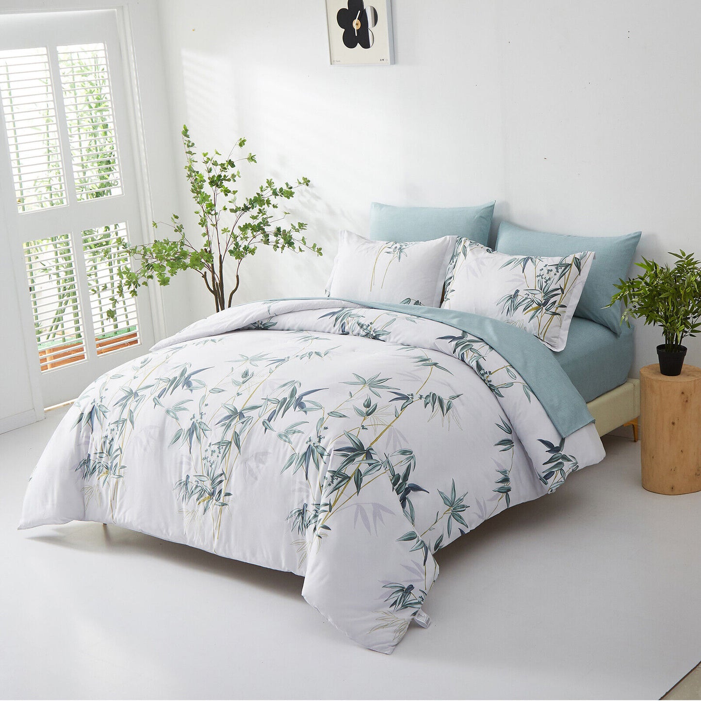 Floral Leaves Comforter Set, King Size, Quilted Bedding with Pillowcases