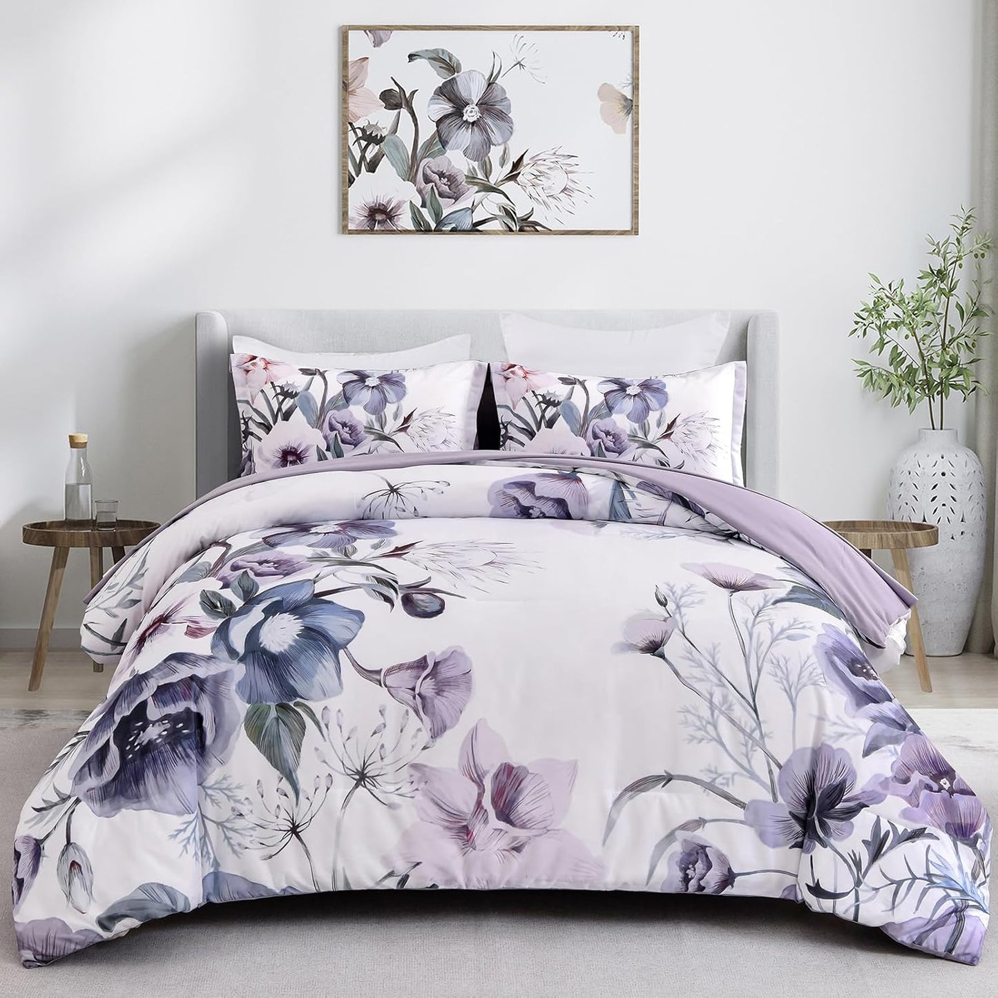 Floral Comforter Set, King Size, Purple Floral 3-Piece Bedding, Soft Microfiber for All Seasons