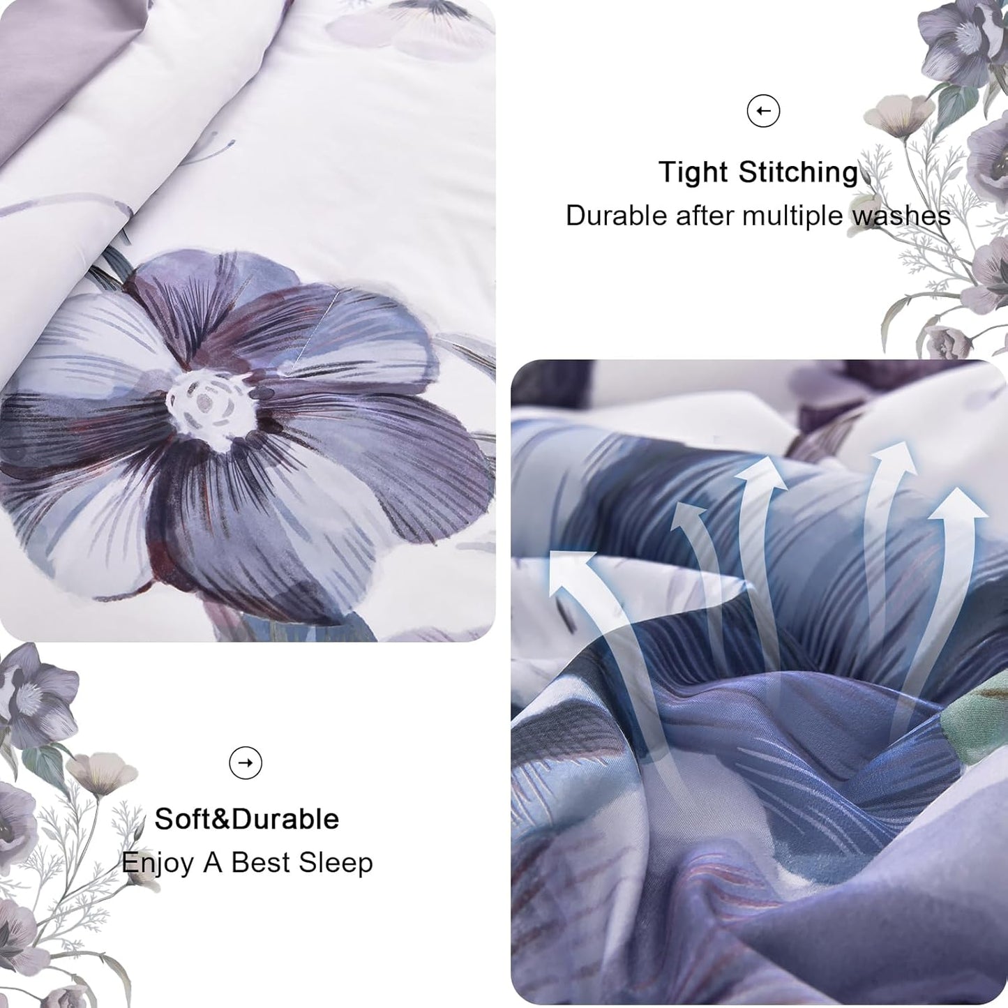 Floral Comforter Set, King Size, Purple Floral 3-Piece Bedding, Soft Microfiber for All Seasons