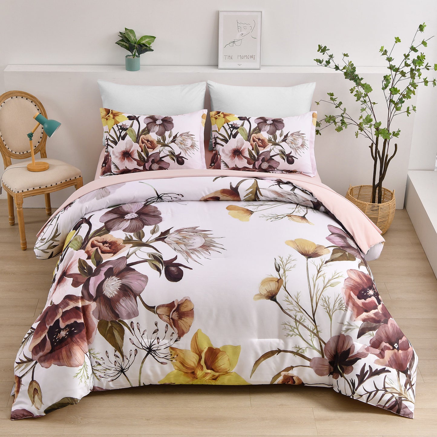 Floral Comforter Set, King Size, Blush Floral 3-Piece Bedding, Soft Microfiber for All Seasons