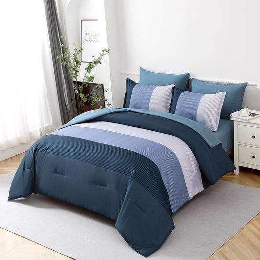 Navy Blue Comforter Set, King Size, Striped 3-Piece Bedding Collection