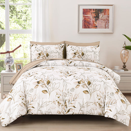 Soft Floral Leaf Comforter Set, King Size, Plush Quilted Bedding with Pillowcases