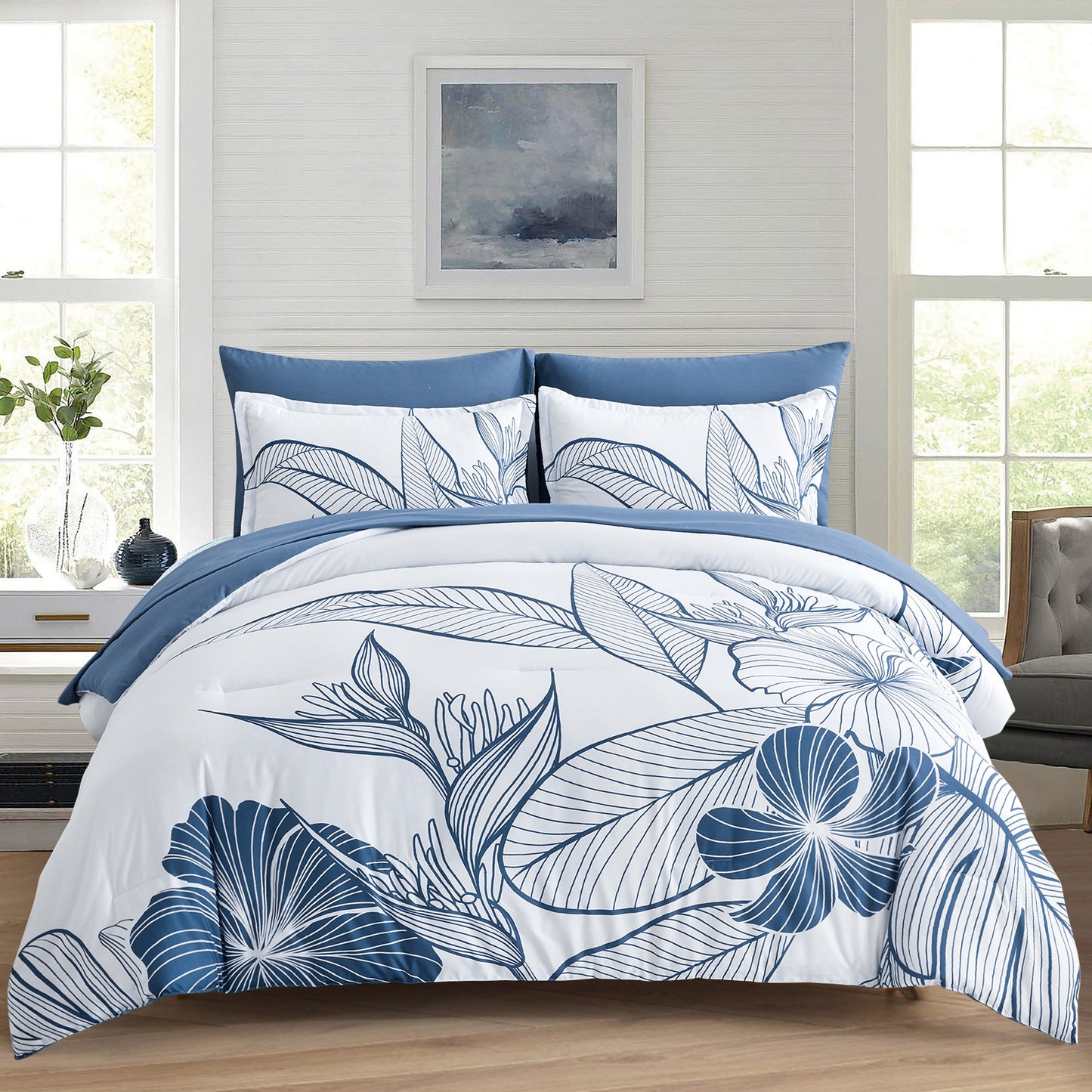 Warm Floral Comforter Set, King Size, Plush Winter Bedding with Pillowcases