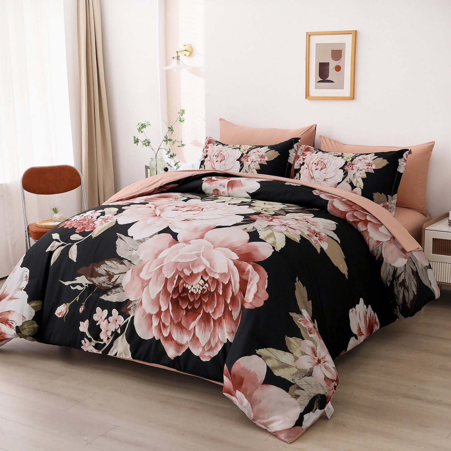 Soft Floral Comforter Set, King Size, Quilted Warm Bedding with Pillowcases