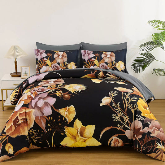 Soft Floral Leaf Comforter Set, King Size, Quilted Bedding with Pillowcases