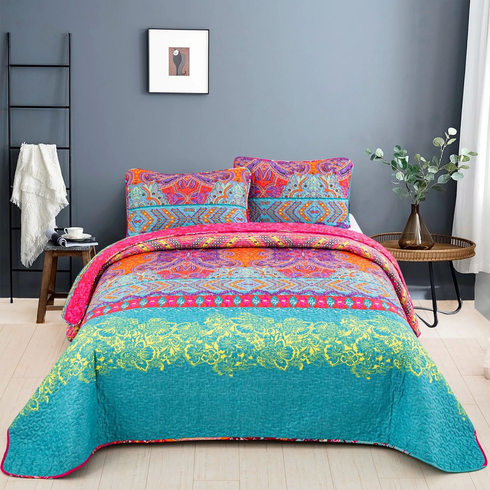 Colorful Quilted bedspread and pillowcovers set: Add a Splash of Color - Queen size