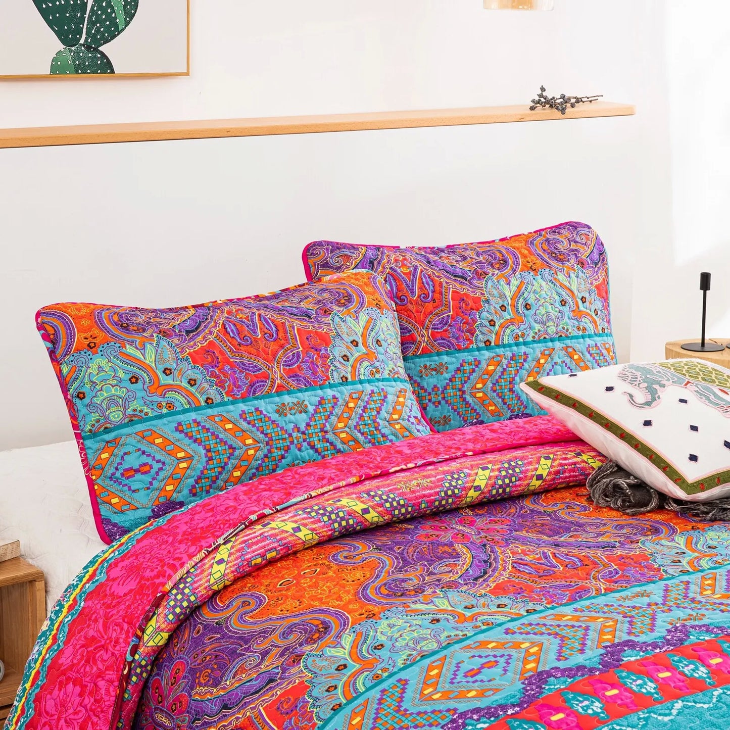 Colorful Quilted bedspread and pillowcovers set: Add a Splash of Color - Queen size