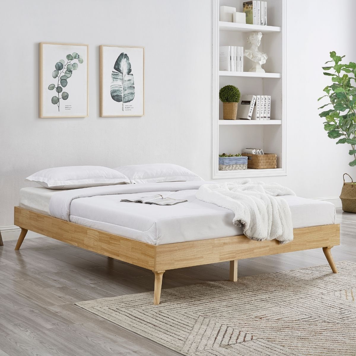 Natural Oak Ensemble Bed Frame Wooden Slat Queen