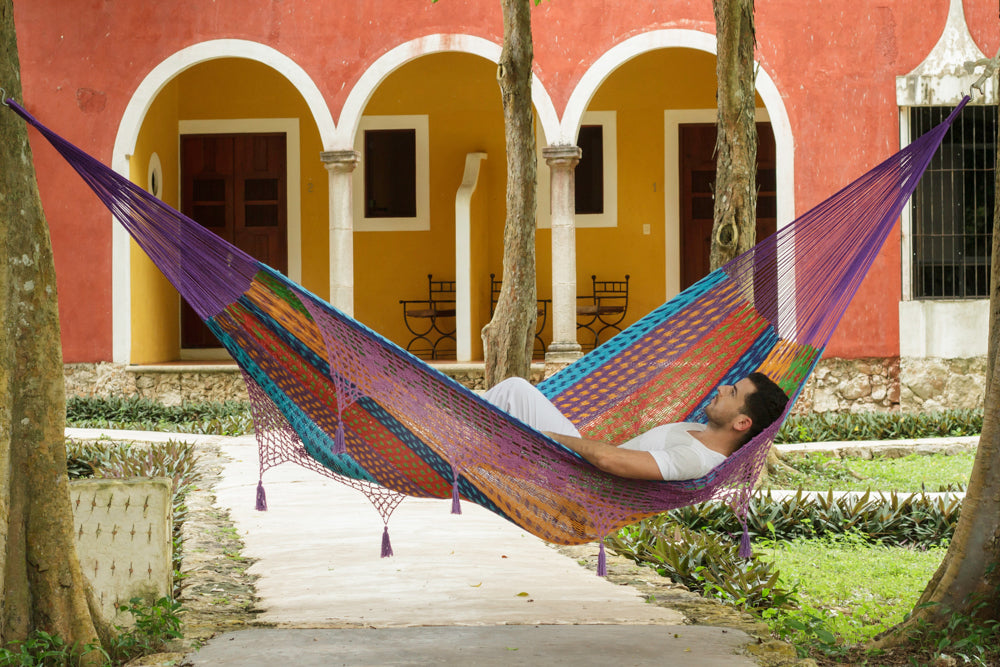 Outdoor undercover cotton Mayan Legacy hammock with hand crocheted tassels King Size Colorina