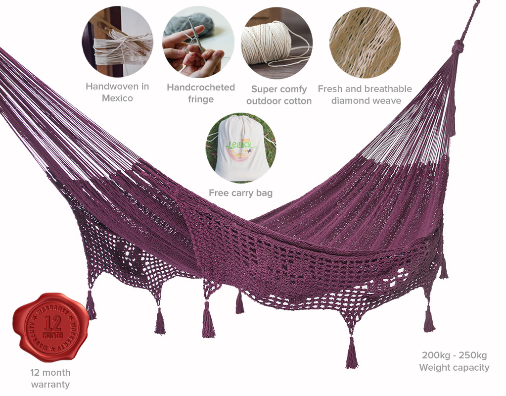 Outdoor undercover cotton Mayan Legacy hammock with hand crocheted tassels King Size Maroon