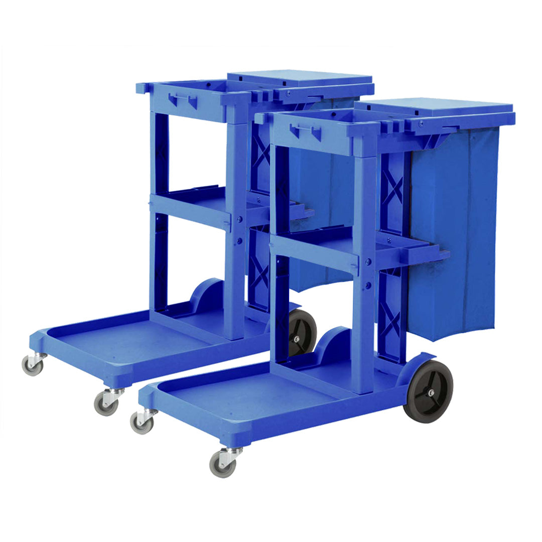 Premium 2X 3 Tier Multifunction Janitor Cleaning Waste Cart Trolley and Waterproof Bag Blue - image1