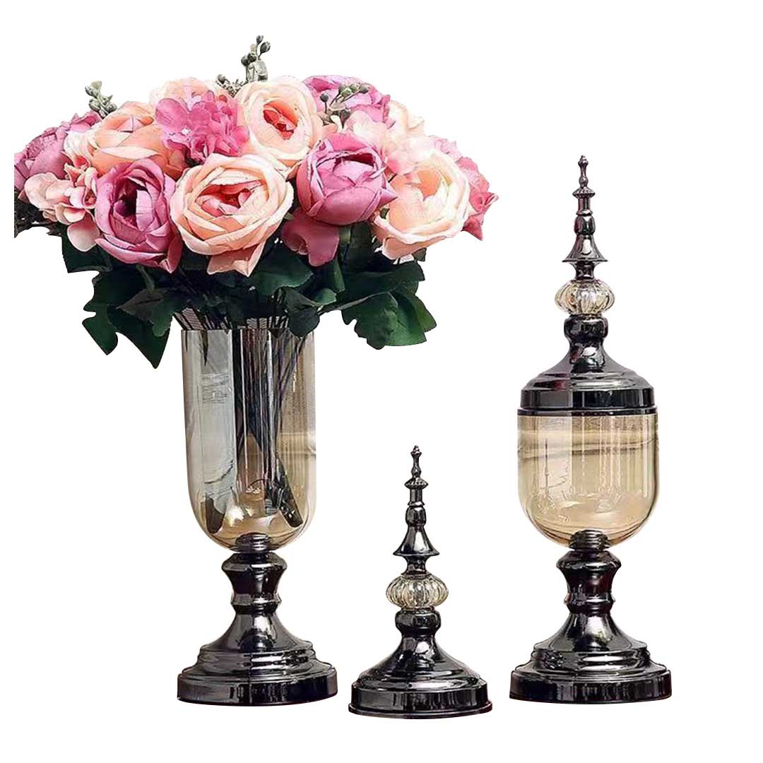 Premium 2 x Clear Glass Flower Vase with Lid and Pink Flower Filler Vase Black Set - image1