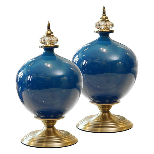 Premium 2x 38cm Ceramic Oval Flower Vase with Gold Metal Base Dark Blue - image1