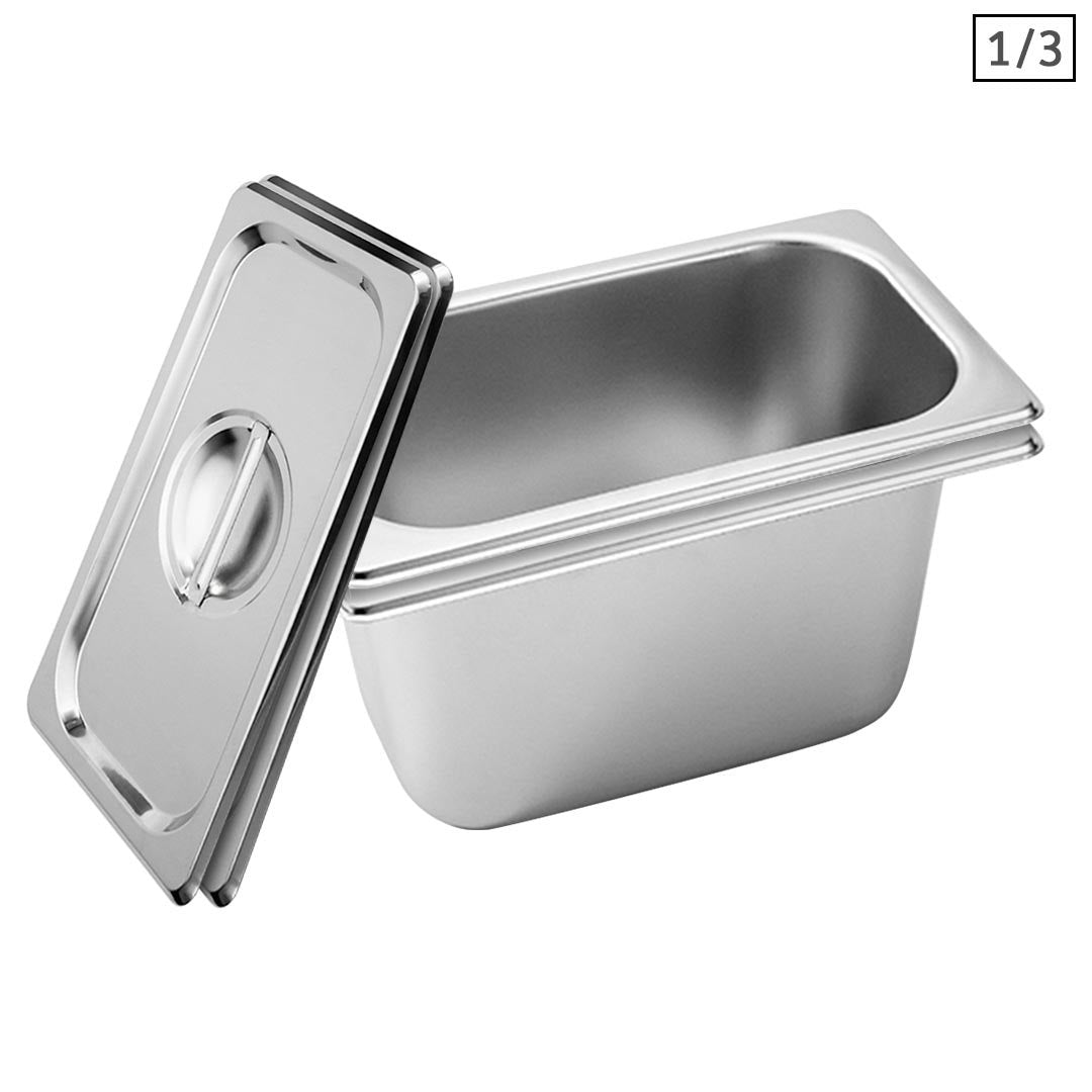 Premium 2X Gastronorm GN Pan Full Size 1/3 GN Pan 15cm Deep Stainless Steel Tray With Lid - image1