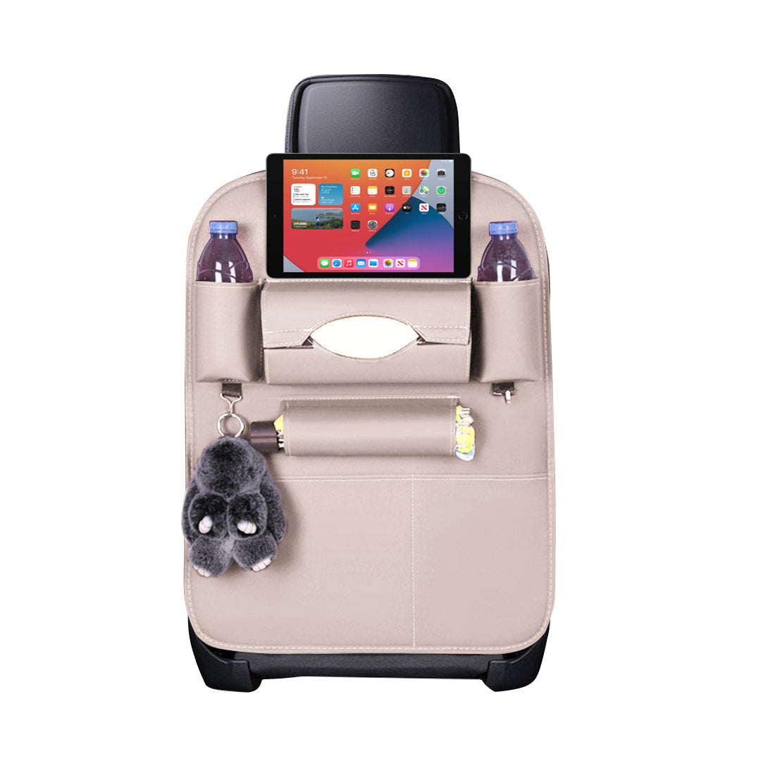 Premium PVC Leather Car Back Seat Storage Bag Multi-Pocket Organizer Backseat and iPad Mini Holder White - image1