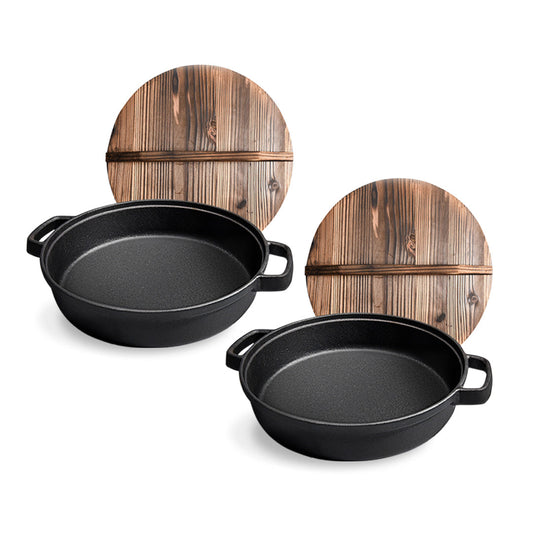 Premium 2X 31cm Round Cast Iron Pre-seasoned Deep Baking Pizza Frying Pan Skillet with Wooden Lid - image1