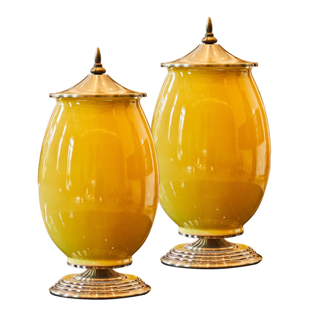 Premium 2x 40cm Ceramic Oval Flower Vase with Gold Metal Base Yellow - image1