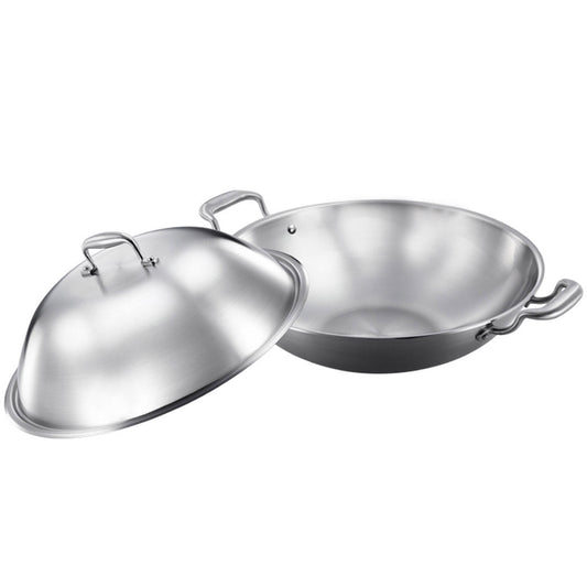 Premium 3-Ply 38cm Stainless Steel Double Handle Wok Frying Fry Pan Skillet with Lid - image1