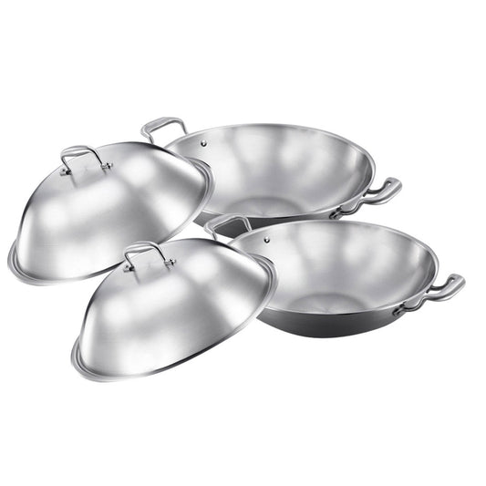 Premium 2X 3-Ply 38cm Stainless Steel Double Handle Wok Frying Fry Pan Skillet with Lid - image1