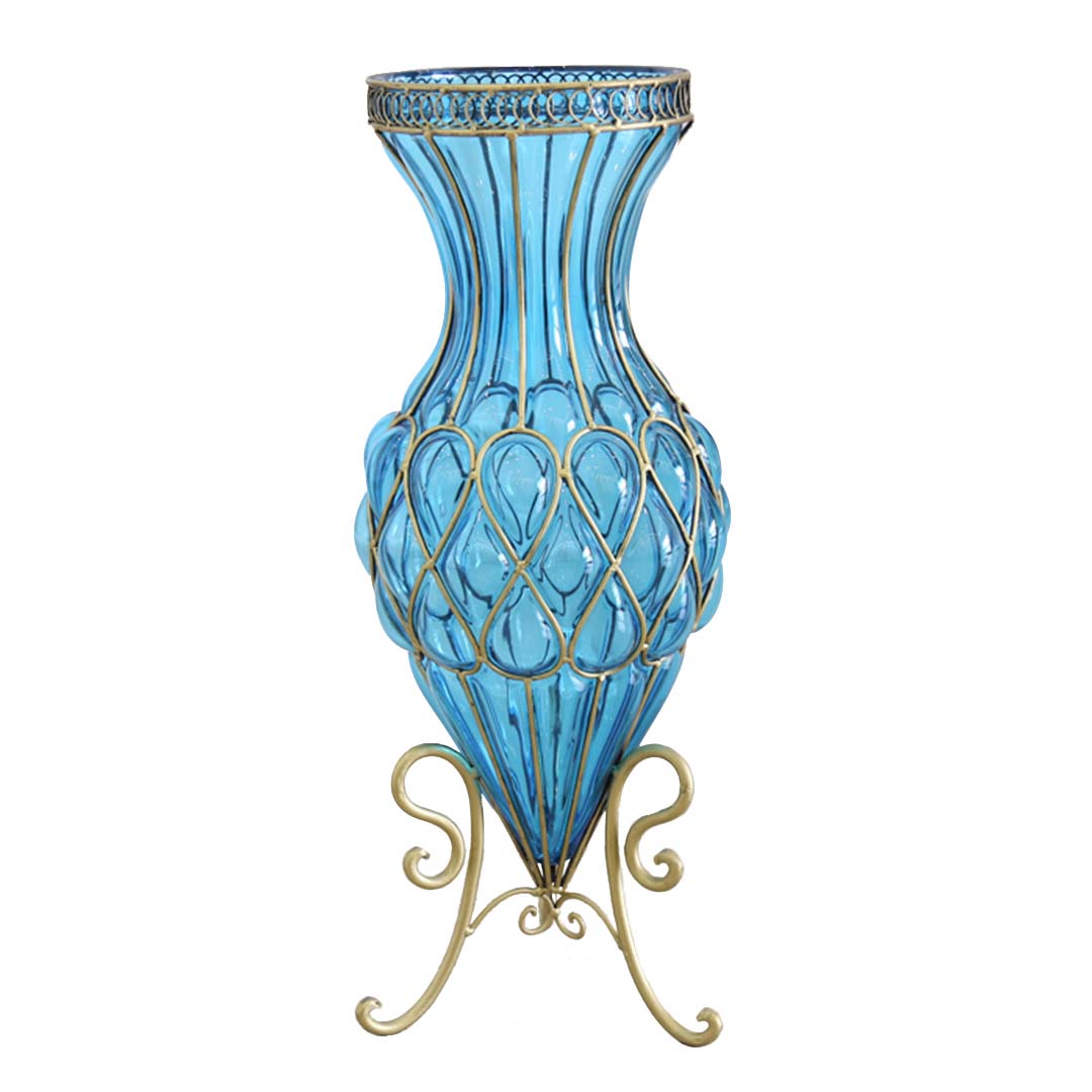 Premium 67cm Blue Glass Tall Floor Vase with Metal Flower Stand - image1