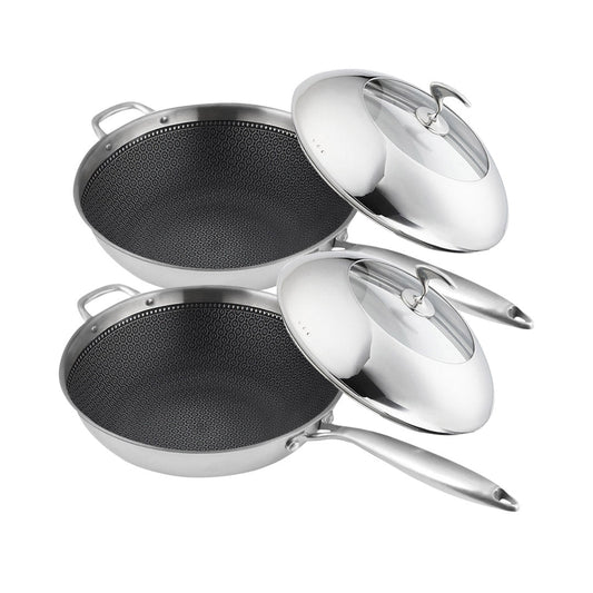 Premium 2X 18/10 Stainless Steel Fry Pan 32cm Frying Pan Top Grade Non Stick Interior Skillet with Helper Handle and Lid - image1