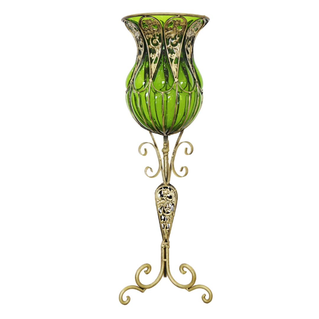 Premium 85cm Green Glass Floor Vase with Tall Metal Flower Stand - image1