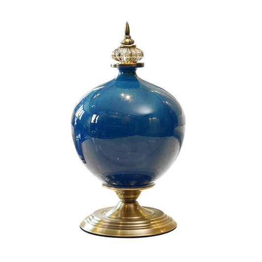 Premium 38cm Ceramic Oval Flower Vase with Gold Metal Base Dark Blue - image1