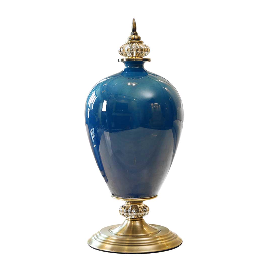 Premium 42cm Ceramic Oval Flower Vase with Gold Metal Base Dark Blue - image1