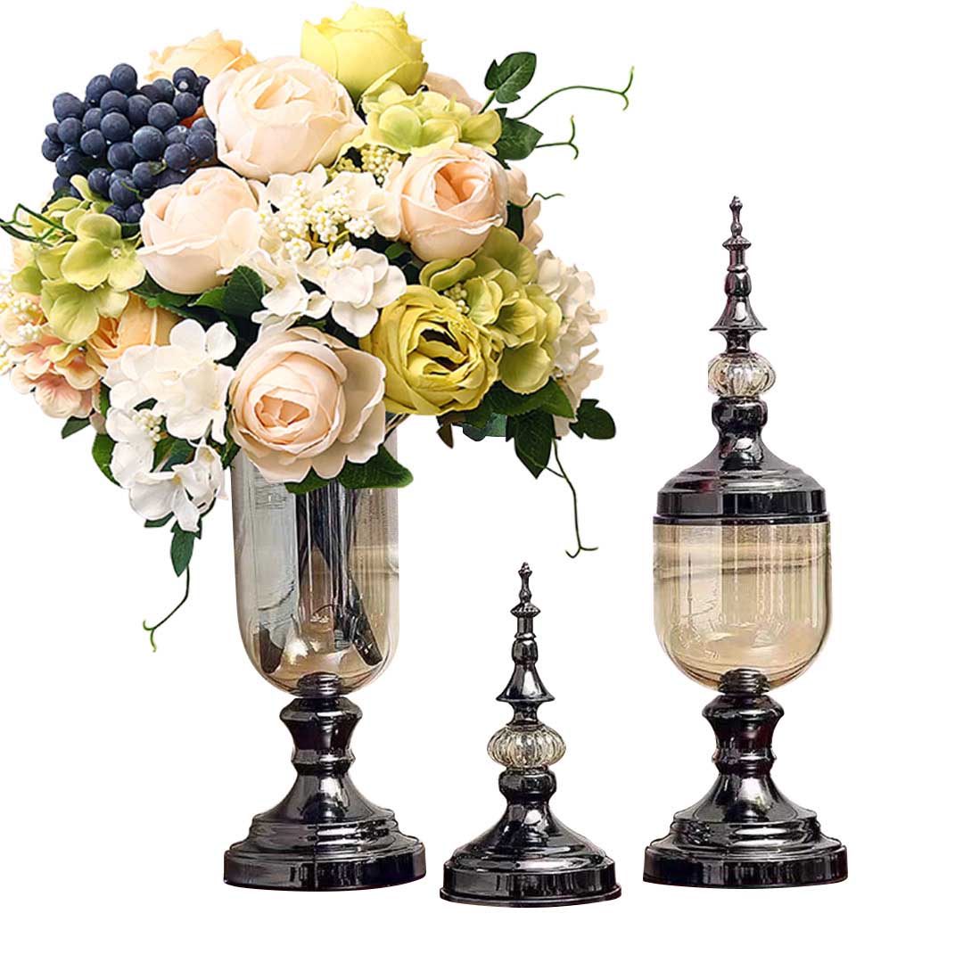 Premium 2 x Clear Glass Flower Vase with Lid and White Flower Filler Vase Black Set - image1