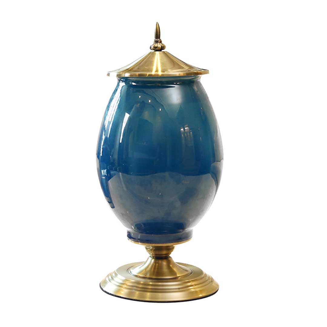 Premium 40cm Ceramic Oval Flower Vase with Gold Metal Base Dark Blue - image1